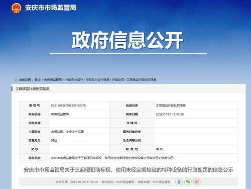 安徽省安慶市市場監管局 三起行政處罰案例公示，聚焦商標侵權與特種設備安全隱患